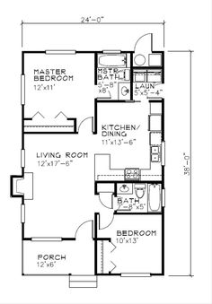 the floor plan for a small house with two bedroom and living room, including an attached bathroom