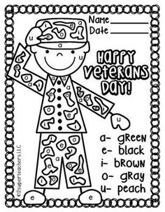 a coloring page for veterans day with an image of a man in uniform and the words happy