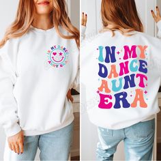 This In my Dance Aunt Era graphic crewneck sweatshirt is such a fun way to show off your love for your dancer! Whether you're a Dance Aunt looking for the perfect Dance sweatshirt or you're buying the perfect gift for a Dance Aunt, this trendy dance pullover sweater is sure to make everyone smile. This cute dance sweatshirt is also available in a Comfort Colors® T shirt style. Visit our shop to see them and more dance sweatshirts & Dance shirts! ▸ Gildan Brand Sweatshirt  ▸ Unisex Adult Sizing Dance Aunt Shirt Ideas, Dance Crew Neck Tops With Text Print, Cotton Custom Print T-shirt For Dance, Custom Print Cotton T-shirt For Dance, Crew Neck T-shirt With Text Print For Dance Class, Dance Sweatshirt, Gymnastics Mom, Aunt Shirts, Dance Shirts