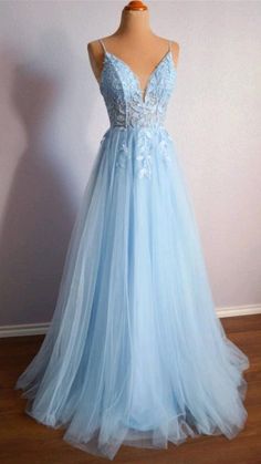 Tulle Dress Long, Tulle Long Prom Dress, Formal Prom Dresses Long, Blue Tulle, A Line Prom Dresses, Dress Inspo, Blue V, Prom Dresses Blue