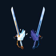 two swords with birds on them, one is holding the other's head and another has