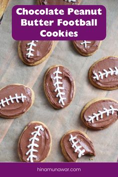 chocolate peanut butter football cookies with white frosting