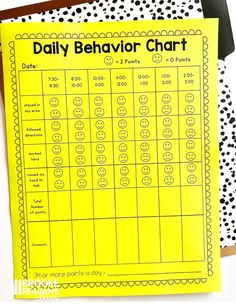 a printable daily behavior chart with polka dots on the bottom and yellow paper in front