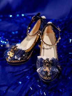 Nine Songs Chunky High Heels Hanayome Lolita Shoes by One Night Language Gaun Abad Pertengahan, Heels Blue, Purple Bows, High Heels Shoes, Bow Heels, Chunky High Heels, Blue Heels, Rococo Style