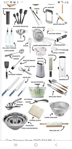 an image of kitchen utensils on a white background with words describing them in english and spanish