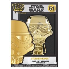 star wars pop vinyl figure stormtrooper with helmet on it's head in gold foil