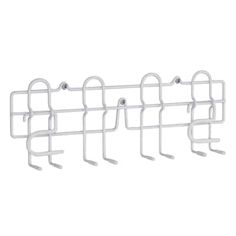 four hooks are attached to the side of a white wall mounted rack with five hooks