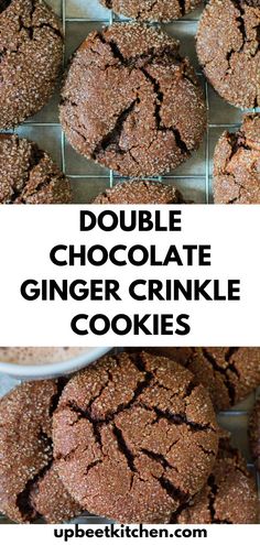 double chocolate ginger crinkle cookies on a cooling rack with text overlay that reads double chocolate ginger crinkle cookies