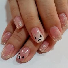 Kawaii French Tip Nails, Dorsa Core, Korilakkuma Nails, Kawaii Short Nails, Kawaii Nails Short, Rilakkuma Nails, Cute Rilakkuma, Asian Nails, Grunge Nails