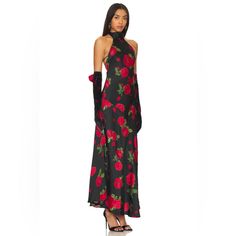 Nwt Astoria Maxi Dress Newww Color: Black Runs True To Size Modeled In Size S Model Height 5-11 High Neck Halter Bias Cut Open Back With Bow Invisible Zip Closure Matching Gloves Rented Separately Fitted Black Evening Dress With Floral Print, Glamorous Floral Print Dress For Date Night, Lemon Clothing, Gloves Dress, Red Black Dress, Pink Floral Maxi Dress, Modern Society, Beautiful Maxi Dresses, Lemon Dress