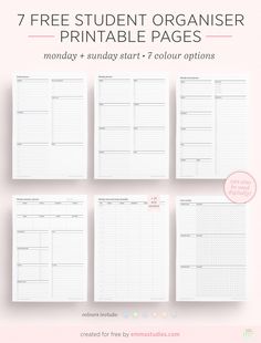 the 7 free student organizer printable pages are shown in four different sizes and colors