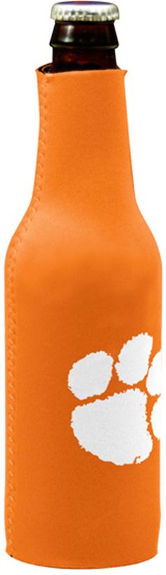 an orange can cooler with a white paw print on the front and bottom, is shown