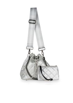 Haute Shore - Lindsey Vapor Puffer Bucket Bag (Lindsey, Silver Quilted Leatherette Puffer w/Silver & White Straps) Neoprene Bag, Wristlet Pouch, Neoprene Tote, Quilted Backpack, Card Case Wallet, Flip Flop Shoes, Side Stripe, Crossbody Strap, New Bag