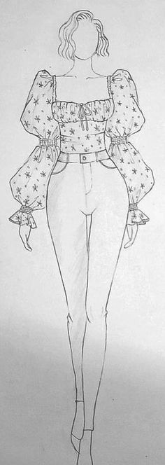 a drawing of a woman in high waisted pants and off the shoulder top with stars on it