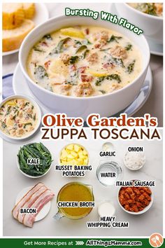 bowl of Olive Garden Zuppa Toscana Soup. ingredients to make Olive Garden Zuppa Toscana Soup. Olive Garden Zuppa Toscana Soup, Olive Garden Zuppa, Olive Garden Zuppa Toscana, Zuppa Toscana Soup, Tuscan Soup, Toscana Soup, Comfort Soup Recipes, Homemade Soup Recipe, Comfort Soup