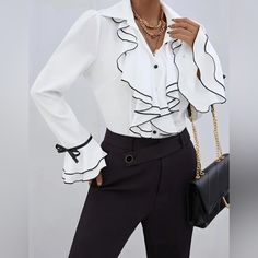 The Stylish Ruffle Trim Blouse Is An Elegant Choice With A Single-Breasted Flare Sleeve Design, Featuring A Soft Contrast Trim. It Is Ideal For Both Spring And Fall, Making It A Perfect Addition To Women's Everyday Wear. True To Size Xxl/14 Bust 42.-44 Waist 34-36 100% Polyester No Sheer Casual Style V Neck Passion Of Essence Boutique Fitted Ruffle Blouse For Office, White Ruffled Blouse For Office, Elegant Blouse With Ruffles For Office Wear, Elegant Ruffled Tops For Office, White Office Lady Blouse For Party, White Ruffled Blouse For Office Wear, Victorian Shirt, Winter Sweater Dresses, Elegant Maxi Dress