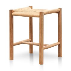 a wooden stool with a woven seat pad on the back and sides, viewed from the front