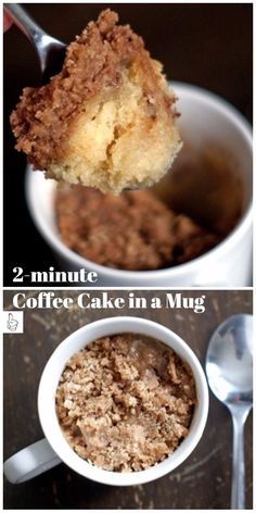 coffee cake in a mug is being lifted from a spoon into a cup with the words, 2 - minute coffee cake in a mug