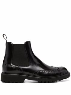 jet-black leather perforated detailing elasticated side panels round toe low heel slip-on style Brogue Boots, Leather Brogues, Shoe Inspo, Boots Brown, Side Panels, Jet Black, Brown Boots, Low Heels, Chelsea Boots