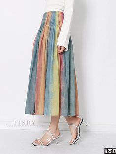 Fisdy - Stylish High-Waisted Colorful Skirt with Retro Design and Fashionable Rainbow Contrast - Perfect Midi Skirt for Versatile Dressing Pattern Rainbow, Color Block Skirt, Colorful Skirts, White Midi Skirt, Polyester Skirt, Ruched Skirt, White Midi, Vintage Rock, Wide Stripes