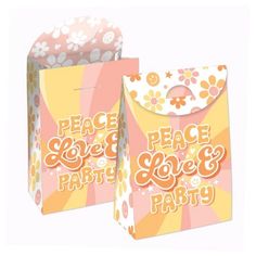 two bags with the words peace and love printed on them, one is pink and yellow