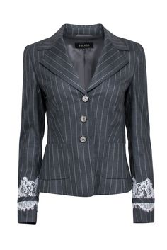 Current Boutique-Escada - Grey Pinstripe Blazer w/ Detailed Lace Sleeves Sz 6 Elegant Pinstripe Blazer For Office, Elegant Striped Blazer For Office, Elegant Pinstripe Blazer For Work, Elegant Striped Office Blazer, Elegant Striped Blazer For Semi-formal Occasions, Elegant Tailored Striped Blazer, Elegant Pinstripe Blazer, Elegant Lace Trim Blazer For Spring, Elegant Long Sleeve Blazer With Lace Trim