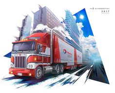 a red semi truck driving down a street next to tall buildings and clouds in the sky