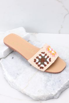 Essential Brown Multi Slide Sandals - All Shoes | Red Dress Crochet Slides, Red Dress Shoes, Fancy Sandals, Sorority Rush Dresses, Corporate Chic, Rush Dresses, Cardigan Crop Top, Concert Looks, Cardigan Crop