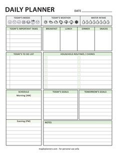 the daily planner is shown in this printable version, which includes tasks and schedules