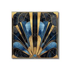 an art deco style painting with blue and gold colors on black marble, featuring the shape of a fan