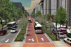 an artist's rendering of a city street with cars and buses on the road