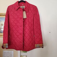 Burberry Red Jacket Puffer Coat New With Tags Red Quilted Long Sleeve Outerwear, Designer Red Long Sleeve Outerwear, Burberry Quilted Jacket, Medium Coat, Womens Moto Jacket, Jacket Puffer, Burberry Coat, Pleated Jacket, Checked Jacket