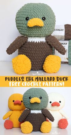 two crocheted stuffed animals sitting next to each other with the words puddles the mallard duck free crochet pattern