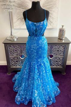 Blue Floral Lace Backless Trumpet Long Prom Gown Blue Formal Dress Long, Formal Dress Long, Blue Formal Dress, Long Blue Dress, Stunning Prom Dresses, Tulle Sleeves, Long Prom Gowns, Short Homecoming Dress, Custom Size Dresses