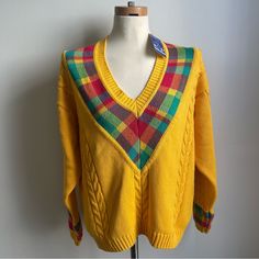 New With Tags 1980s Vintage Ep Pro (Evan Picone) "Greenskeeper" Yellow And Plaid V-Neck Women's Golf Sweater, Size Medium. 100% Cotton. Red Yellow And Green Plaid For A Perfect Preppy Look. Beautiful, Vibrant Colors. 22" Armpit To Armpit Laid Flat. 26" Top Of Collar To Bottom Hem. In New, Unworn Condition With No Flaws. 50s Sweater, Golf Sweaters, Yellow Plaid, Preppy Look, Collar Sweater, Green Plaid, 1980s Vintage, 70s Fashion, Red Yellow