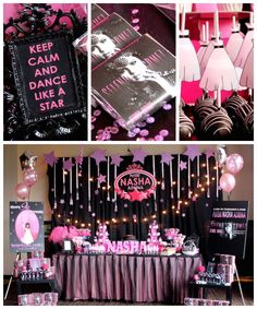 pink and black themed party with cake, candy bar, photo booth sign and decorations