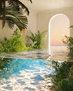 an indoor swimming pool surrounded by palm trees and water features a view of the ocean