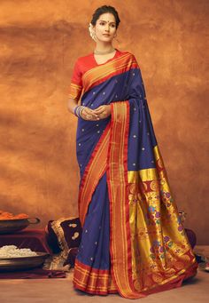 Silk paithani Saree in Navy blue colour 42006  Desc:  Style : Paithani Saree Color : Navy Blue Fabric : Silk Wash Care : Dry clean Sleeve Style : Half Sleeve Long Sleeves : Done only in Custom Stitch Sleeves Lining : Done only in Custom Stitch Bust Size : 32 to 42 Inches Occasion : Temple Wear   Social Gathering   Pongal   Gudi Padwa   Onam   Ugadi. With Express Free Shipping and Custom Stitching, Buy Indian Party wedding wear Bridal Sarees Silk paithani Saree in Navy blue colour 42006 online in Paithani Saree Look, Blue Paithani Saree, Paithani Silk Saree, Paithani Saree, Purple Saree, Wedding Silk Saree, Wedding Saree Indian, Green Saree, Latest Sarees