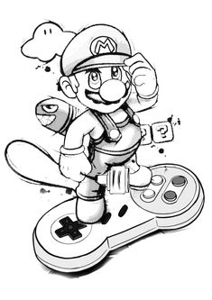 a drawing of mario on top of a video game controller