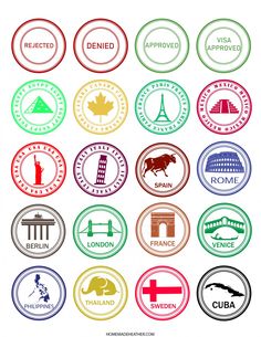 different colored stamps with the names of countries and their emblems on white background stock photo - budget conscious travel destinations