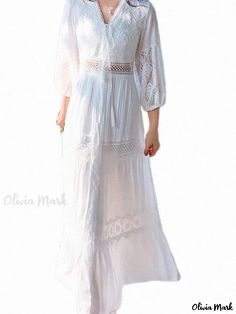 Olivia Mark - Chic White Midi Dress with Sweet Bubble Sleeves - Perfect for a Day Out or Beach Vacation Beach Season Maxi Dress With Lace Trim, Feminine Boho Maxi Dress For Vacation, Spring Lace Trim Maxi Dress Beach Cover-up, White Long Sleeve Vacation Dress, Long Sleeve Maxi Dress For Beach Holiday, Elegant Boho Dress With Short Sleeves For Beach, White Boho Beach Dress For Spring, Feminine Boho Maxi Dress For Beach, White Boho Dress For Spring Beach Outing