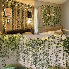 a bed room with a neatly made bed and lots of greenery on the wall