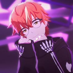 an anime character with red hair and glasses looking off to the side while holding his hand on his face