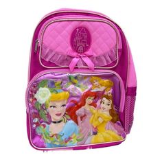 Full size school bag featuring Disney Princesses Cinderella, Aurora, Belle, and Ariel. Measures approx 12"w x 16"h x 4"d. 1 side pocket with velcro closure and 1 mesh pocket to hold bottle. 2 front zipper pockets to store stationery and accessory items for quick access. Cordura canvas Age Group: adult. Disney Princess Backpack, Disney Luggage, Princess Backpack, Makeup Toys, Frozen Toys, Disney Princess Cinderella, Toddler Bag, Princess Pictures, Backpack Reviews