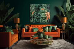 a living room with orange couches and green plants on the wall behind them in front of a painting