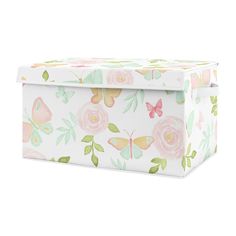 a white box with pink flowers and butterflies on the lid, sitting in front of a white background