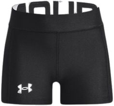 the under armour shorts are black and white with an under - belly logo on the side