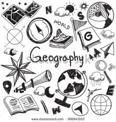 the words geography are written in black and white, surrounded by various objects