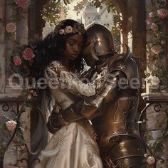 a painting of a man and woman dressed as knight and princess in armor hugging each other