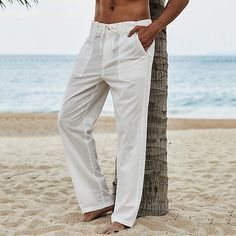 Season:Summer; Fabric:Linen / Cotton Blend; Gender:Men's; Style:Streetwear,Fashion; Elasticity:Micro-elastic; Occasion:Beach,Casual,Daily,Holiday; Fit Type:Regular Fit; Function:Soft,Breathable; Waistline:Mid Waist; Pattern:Plain; Design:Elastic Waist,Drawstring; Pants Type:Summer Pants,Linen Pants,Beach Pants,Trousers; Fly Type:Elasticity,Drawstring; Front page:FF; Listing Date:02/15/2023; Production mode:External procurement; Hips:; Length:; Waist:; Fit US Size:null; Fit UK Size:null; Fit EU S Linen Beach Pants, Mens Linen Pants, Pants Linen, Cotton Linen Pants, Mens Linen, Beach Casual, Summer Pants, Beach Pants, Plain Design